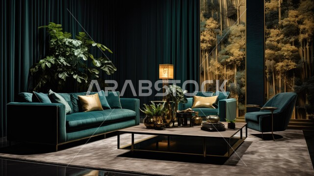 اكسسوارات وتحف عصرية ونباتات زينة خضراء، التصاميم الداخلية لغرف الجلوس المريحة على الطراز الحديث، غرفة معيشة بألوان داكنة مع أثاث منزلي فاخر، الديكورات الداخلية الراقية للفلل والشقق السكنية في المملكة العربية السعودية