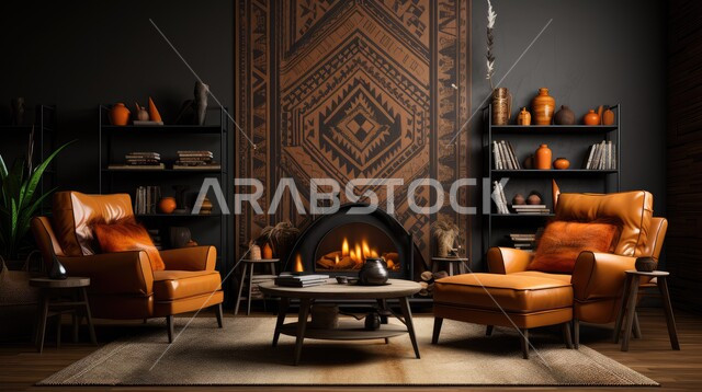Classic style in living room interior designs, modern accessories and antiques, living room with luxurious home furniture in dark colors, high-end interior decorations for villas and residential apartments in Saudi Arabia