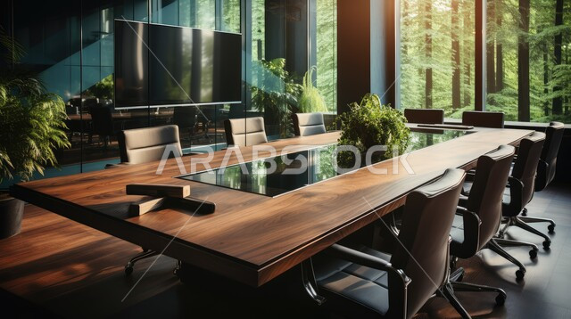 النوافذ والواجهات الزجاجية المطلة على الاشجار والنباتات الخضراء، غرف مكتبية بتصاميم وديكورات داخلية فخمة، التصميم العصري الحديث للمكاتب في الشركات السعودية، غرفة اجتماعات واسعة مع طاولة محاطة بكراسي