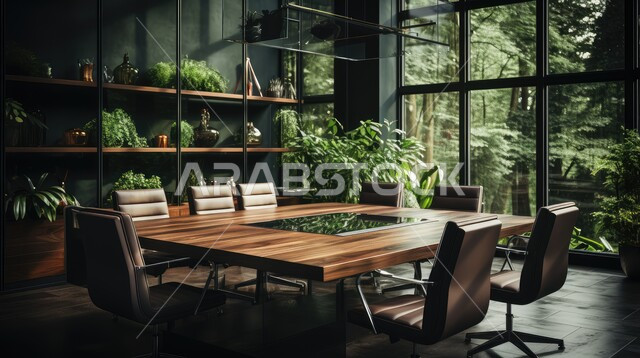النوافذ والواجهات الزجاجية المطلة على الاشجار والنباتات الخضراء، غرف مكتبية بتصاميم وديكورات داخلية فخمة، التصميم العصري الحديث للمكاتب في الشركات السعودية، غرفة اجتماعات واسعة مع طاولة محاطة بكراسي