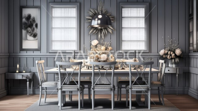 ديكورات منزلية داخلية حديثة لغرف الطعام، غرفة سفرة بتصاميم راقية، الفنون الهندسية و استخدام الطراز الفني الانيق في الاثاث المنزلي، شقق وفلل سكنية في المملكة العربية السعودية