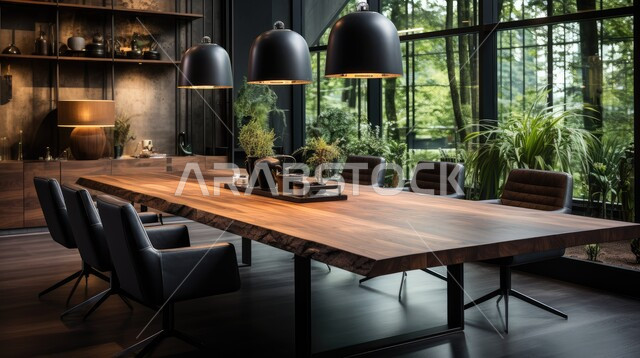غرفة اجتماعات واسعة مع طاولة محاطة بكراسي، النوافذ والواجهات الزجاجية المطلة على الاشجار والنباتات الخضراء، غرف مكتبية بتصاميم وديكورات داخلية فخمة، التصميم العصري الحديث للمكاتب في الشركات السعودية