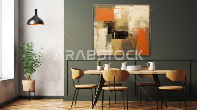 Dining room with elegant designs, engineering arts and the use of elegant artistic style in home furniture, residential apartments and villas in the Kingdom of Saudi Arabia, modern interior home decorations for dining rooms