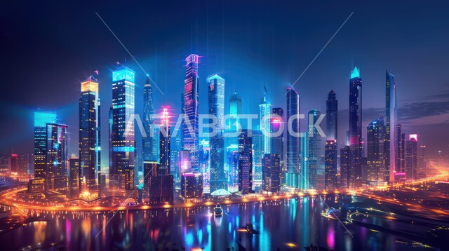 منظر تخيلي مستقبلي للأبراج و ناطحات السحاب في المملكة العربية السعودية، رؤية سعودية مستقبلية 2030، استخدام التقنيات المتطورة في انشاء المدن الحديثة، تطوير البنية التحتية الرقمية, النمو والتطور العمراني الكبير في البناء