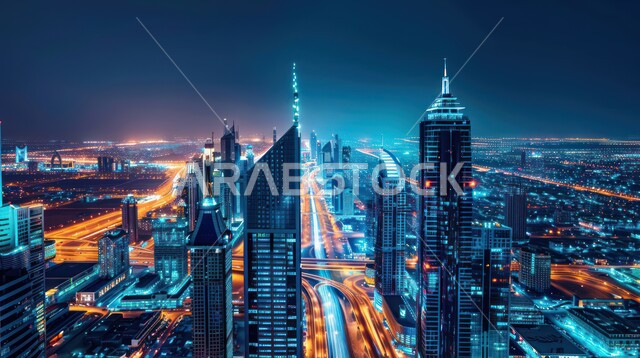 منظر تخيلي مستقبلي للأبراج و ناطحات السحاب في المملكة العربية السعودية، رؤية سعودية مستقبلية 2030، استخدام التقنيات المتطورة في انشاء المدن الحديثة، تطوير البنية التحتية الرقمية, النمو والتطور العمراني الكبير في البناء