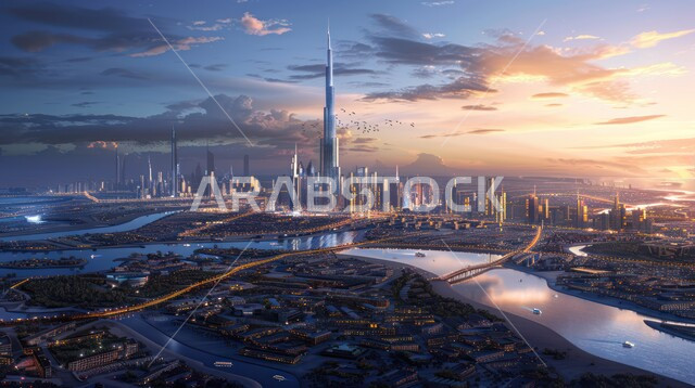  النمو والتطور العمراني الكبير في البناء، منظر تخيلي مستقبلي للأبراج و ناطحات السحاب في المملكة العربية السعودية، رؤية سعودية مستقبلية 2030، استخدام التقنيات المتطورة في انشاء المدن الحديثة، تطوير البنية التحتية الرقمية