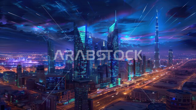 Great urban growth and development in construction, an imaginative future view of towers and skyscrapers in the Kingdom of Saudi Arabia, a future Saudi vision 2030, the use of advanced technologies in creating modern cities, developing digital infrastructure.
