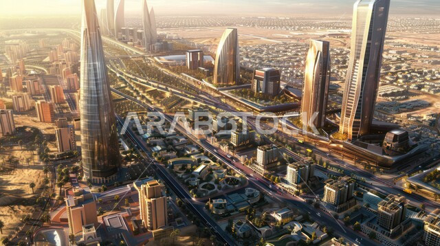  استخدام التقنيات المتطورة في انشاء المدن الحديثة، النمو والتطور العمراني الكبير في البناء، منظر تخيلي مستقبلي للأبراج و ناطحات السحاب في المملكة العربية السعودية، رؤية سعودية مستقبلية 2030، تطوير البنية التحتية الرقمية