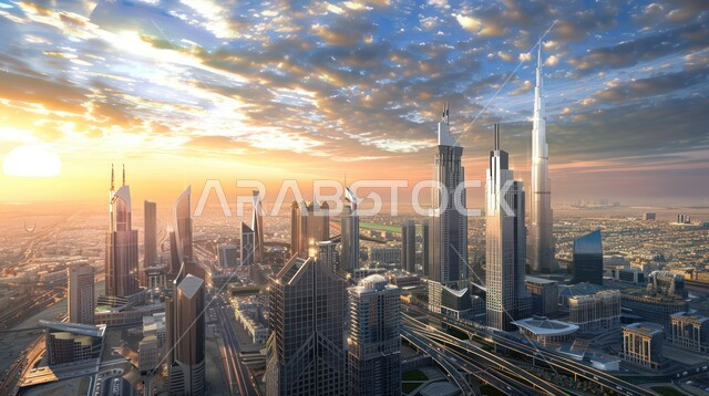  رؤية سعودية مستقبلية 2030، استخدام التقنيات المتطورة في انشاء المدن الحديثة، النمو والتطور العمراني الكبير في البناء، منظر تخيلي مستقبلي للأبراج و ناطحات السحاب في المملكة العربية السعودية، تطوير البنية التحتية الرقمية