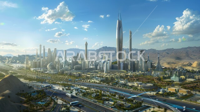  رؤية سعودية مستقبلية 2030، استخدام التقنيات المتطورة في انشاء المدن الحديثة، النمو والتطور العمراني الكبير في البناء، منظر تخيلي مستقبلي للأبراج و ناطحات السحاب في المملكة العربية السعودية، تطوير البنية التحتية الرقمية