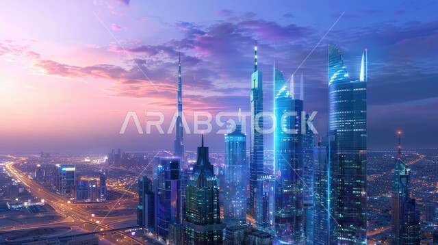  رؤية سعودية مستقبلية 2030، استخدام التقنيات المتطورة في انشاء المدن الحديثة، النمو والتطور العمراني الكبير في البناء، منظر تخيلي مستقبلي للأبراج و ناطحات السحاب في المملكة العربية السعودية، تطوير البنية التحتية الرقمية