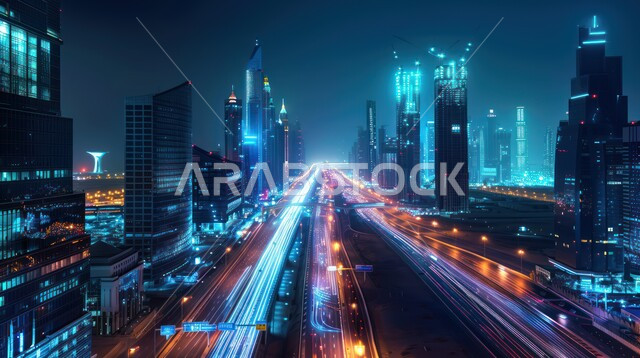  رؤية سعودية مستقبلية 2030، استخدام التقنيات المتطورة في انشاء المدن الحديثة، النمو والتطور العمراني الكبير في البناء، منظر تخيلي مستقبلي للأبراج و ناطحات السحاب في المملكة العربية السعودية، تطوير البنية التحتية الرقمية