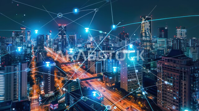 مفهوم المدينة الذكية وشبكة الاتصالات الكبيرة، رؤية سعودية مستقبلية 2030، استخدام التقنيات المتطورة في انشاء المدن الحديثة، النمو والتطور العمراني في البناء، منظر تخيلي مستقبلي للأبراج و ناطحات السحاب في المملكة العربية السعودية، تطوير البنية التحتية الرقمية