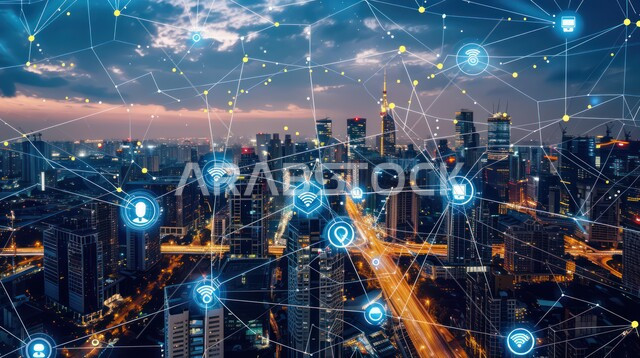 مفهوم المدينة الذكية وشبكة الاتصالات الكبيرة، رؤية سعودية مستقبلية 2030، استخدام التقنيات المتطورة في انشاء المدن الحديثة، النمو والتطور العمراني في البناء، منظر تخيلي مستقبلي للأبراج و ناطحات السحاب في المملكة العربية السعودية، تطوير البنية التحتية الرقمية