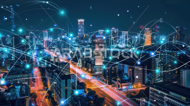مفهوم المدينة الذكية وشبكة الاتصالات الكبيرة، رؤية سعودية مستقبلية 2030، استخدام التقنيات المتطورة في انشاء المدن الحديثة، النمو والتطور العمراني في البناء، منظر تخيلي مستقبلي للأبراج و ناطحات السحاب في المملكة العربية السعودية، تطوير البنية التحتية الرقمية