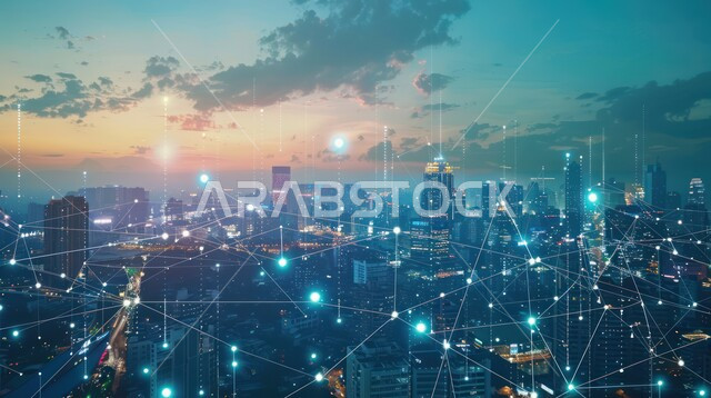 شبكة الاتصالات الكبيرة ومفهوم المدينة الذكية، رؤية سعودية مستقبلية 2030، استخدام التقنيات المتطورة في انشاء المدن الحديثة، النمو والتطور العمراني في البناء، منظر تخيلي مستقبلي للأبراج و ناطحات السحاب في المملكة العربية السعودية، تطوير البنية التحتية الرقمية