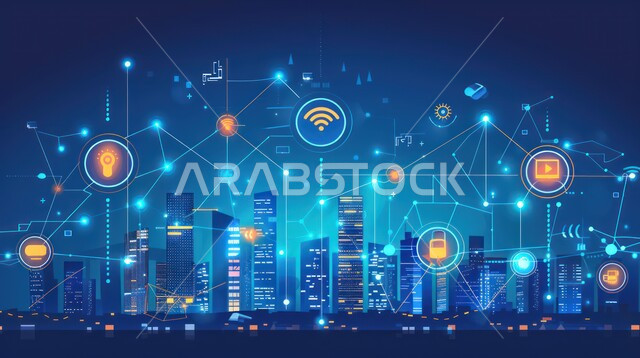 The development of the information technology sector, the large communications network and the concept of the smart city, a future Saudi vision 2030, the use of advanced technologies in creating modern cities, an imaginative future view of towers and skyscrapers in the Kingdom of Saudi Arabia, the development of digital infrastructure.