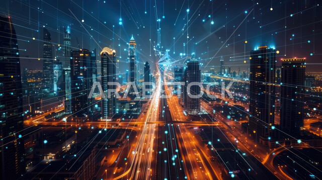 Progress in the information technology sector, the large communications network and the concept of the smart city, a future Saudi vision 2030, the use of advanced technologies in creating modern cities, an imaginative future view of towers and skyscrapers in the Kingdom of Saudi Arabia, the development of digital infrastructure.