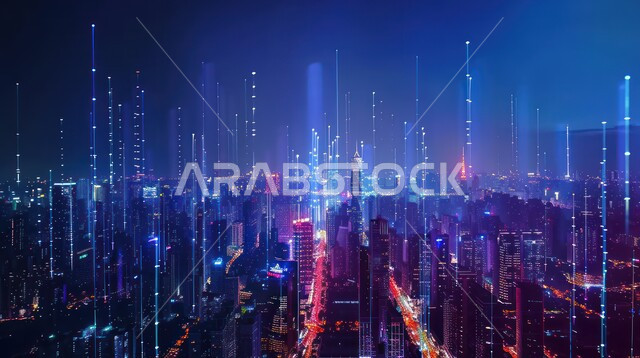 Development of digital infrastructure, progress in the information technology sector, large communications network and the concept of the smart city, a future Saudi vision 2030, the use of advanced technologies in creating modern cities, an imaginative future view of towers and skyscrapers in the Kingdom of Saudi Arabia.