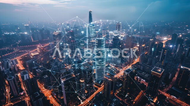 Development of digital infrastructure, progress in the information technology sector, large communications network and the concept of the smart city, a future Saudi vision 2030, the use of advanced technologies in creating modern cities, an imaginative future view of towers and skyscrapers in the Kingdom of Saudi Arabia.