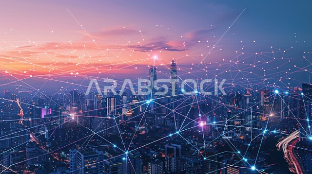 Development of digital infrastructure, progress in the information technology sector, large communications network and the concept of the smart city, a future Saudi vision 2030, the use of advanced technologies in creating modern cities, an imaginative future view of towers and skyscrapers in the Kingdom of Saudi Arabia.