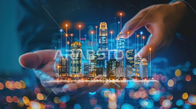 المخططات والمشاريع المعمارية، رؤية سعودية مستقبلية 2030، استخدام التقنيات المتطورة في انشاء المدن الحديثة، منظر تخيلي مستقبلي للأبراج و ناطحات السحاب في المملكة العربية السعودية، أشكال هولوجرامية للمباني والفنادق الشاهقة المضيئة، تطوير البنية التحتية الرقمية