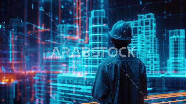 المخططات المعمارية والمشاريع الانشائية، رؤية سعودية مستقبلية 2030، استخدام التقنيات المتطورة في انشاء المدن الحديثة، منظر تخيلي مستقبلي للأبراج و ناطحات السحاب في المملكة، صورة من الخلف لمهندس عربي خليجي سعودي يرتدي الخوذة يقف أمام الفنادق والمباني المضيئة