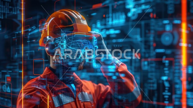 The future of architectural plans and construction projects, a future Saudi vision 2030, the use of advanced technologies in constructing modern cities, an imaginative future view of towers and skyscrapers in the Kingdom, a Saudi Gulf Arab engineer wearing a helmet standing in front of hotels and illuminated high-rise buildings