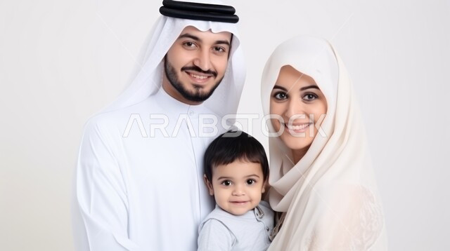 الاعتناء بالأطفال وتحمل المسؤولية, مفهوم الأبوة والأمومة, بورتريه مقرب لعائلة عربية خليجية سعودية تنظر للكاميرا بإيماءات السرور والسعادة, أب يرتدي الثوب التقليدي والغترة وأم محجبة يقومون باحتضان طفلهم الصغير بحب وحنان, خلفية بيضاء