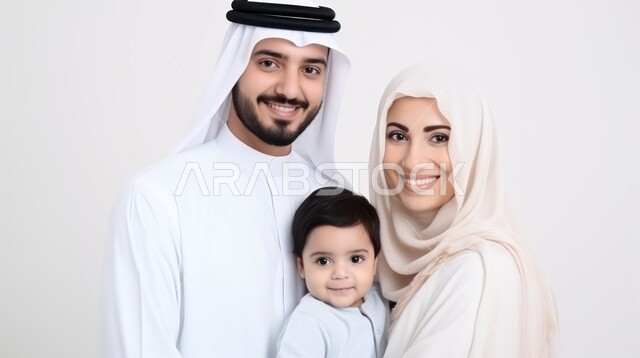 الاعتناء بالأطفال وتحمل المسؤولية, مفهوم الأبوة والأمومة, بورتريه مقرب لعائلة عربية خليجية سعودية تنظر للكاميرا بإيماءات السرور والسعادة, أب يرتدي الثوب التقليدي والغترة وأم محجبة يقومون باحتضان طفلهم الصغير بحب وحنان, خلفية بيضاء