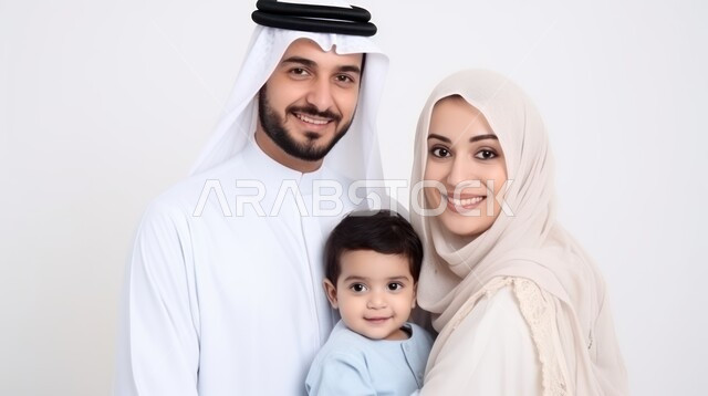الاعتناء بالأطفال وتحمل المسؤولية, مفهوم الأبوة والأمومة, بورتريه مقرب لعائلة عربية خليجية سعودية تنظر للكاميرا بإيماءات السرور والسعادة, أب يرتدي الثوب التقليدي والغترة وأم محجبة يقومون باحتضان طفلهم الصغير بحب وحنان, خلفية بيضاء