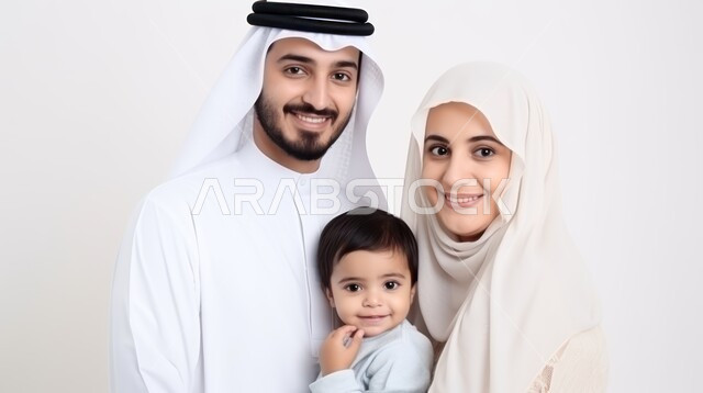الاعتناء بالأطفال وتحمل المسؤولية, مفهوم الأبوة والأمومة, بورتريه مقرب لعائلة عربية خليجية سعودية تنظر للكاميرا بإيماءات السرور والسعادة, أب يرتدي الثوب التقليدي والغترة وأم محجبة يقومون باحتضان طفلهم الصغير بحب وحنان, خلفية بيضاء