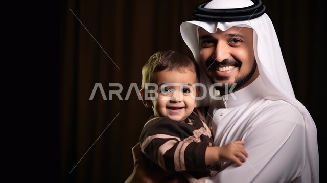 مفهوم الترابط الأسري, الأبوة وحنان الأب, بورتريه مقرب لرجل عربي خليجي سعودي يرتدي الثوب التقليدي ويقوم باحتضان طفلته الصغيرة بحب وينظرون للكاميرا بإيماءات البشاشة, قضاء أوقات ممتعة مع الأبناء, تحمل مسؤولية والاعتناء بهم، خلفية سوداء