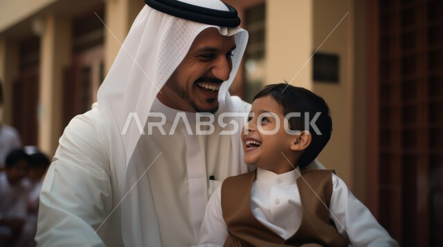 تحمل المسؤولية والاعتناء بالأطفال، مفهوم الأبوة وحنان الأب, صورة مقربة لرجل عربي خليجي سعودي يرتدي الثوب التقليدي والغترة يقوم باحتضان طفله الصغير بحب واللعب معه بإيمات الفرح والسعادة, المرح وقضاء أوقات ممتعة مع الأبناء