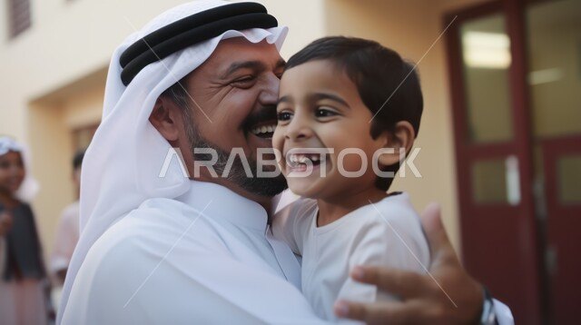 تحمل المسؤولية والاعتناء بالأطفال، مفهوم الأبوة وحنان الأب, صورة مقربة لرجل عربي خليجي سعودي يرتدي الثوب التقليدي والغترة يقوم باحتضان طفله الصغير بحب واللعب معه بإيمات الفرح والسعادة, المرح وقضاء أوقات ممتعة مع الأبناء