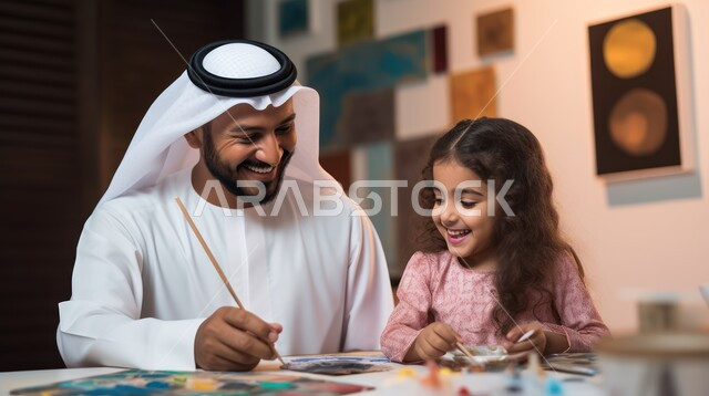 التزود بالمعلومات والثقافة، الاهتمام بتعليم الأطفال ودعمهم، تعزيز الروابط الأسرية، مساعدة الأبناء في حل الواجبات المنزلية، صورة مقربة لرجل عربي خليجي سعودي يرتدي الثوب التقليدي والغترة يجلس مع ابنته ويتابع معها دروسها, مفهوم الأبوة والطفولة
