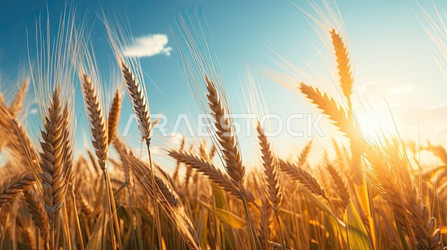 سطوع الشمس وسط السماء المليئة بالغيوم البيضاء القطنية، محاصيل وطنية محلية، السنابل الذهبية اللامعة، صورة مقربة لمجموعة من الأعشاب البرية تتمايل مع الرياح، المناظر الطبيعية في المملكة العربية السعودية، حقول ومزارع القمح