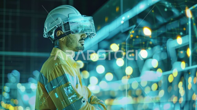 التكنولوجيا الرقمية الحديثة، رؤية مستقبلية سعودية 2030، النمو  والتطورالالكتروني في مجال الذكاء الاصطناعي، رموز رقمية هولوجرامية لأيقونات الكمبيوتر وشبكات الإنترنت، صورة مقربة من الجانب لشاب عربي خليجي سعودي يلبس نظارات الفي آر، محاكاة الواقع الافتراضي