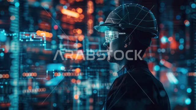 التكنولوجيا الرقمية الحديثة، رؤية مستقبلية سعودية 2030، النمو  والتطورالالكتروني في مجال الذكاء الاصطناعي، رموز رقمية هولوجرامية لأيقونات الكمبيوتر وشبكات الإنترنت، صورة مقربة من الجانب لشاب عربي خليجي سعودي يلبس نظارات الفي آر، محاكاة الواقع الافتراضي