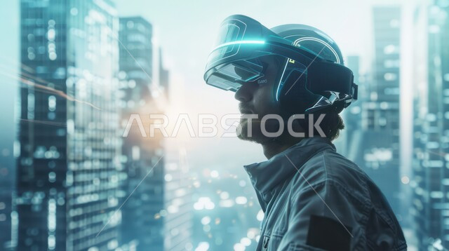 التكنولوجيا الرقمية الحديثة، رؤية مستقبلية سعودية 2030، النمو  والتطورالالكتروني في مجال الذكاء الاصطناعي، رموز رقمية هولوجرامية لأيقونات الكمبيوتر وشبكات الإنترنت، صورة مقربة من الجانب لشاب عربي خليجي سعودي يلبس نظارات الفي آر، محاكاة الواقع الافتراضي