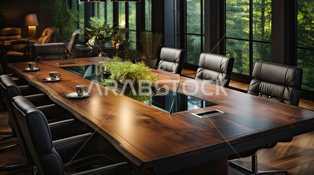 التصميم العصري الحديث للمكاتب في الشركات السعودية، غرفة اجتماعات واسعة مع طاولة محاطة بكراسي، النوافذ والواجهات الزجاجية المطلة على الاشجار والنباتات الخضراء، غرف مكتبية بتصاميم وديكورات داخلية فخمة