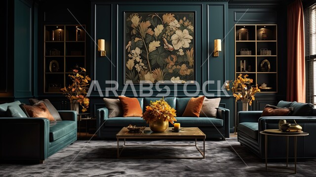 Classic style in living room interior designs, modern accessories and antiques, living room with luxurious home furniture in dark colors, high-end interior decorations for villas and residential apartments in Saudi Arabia