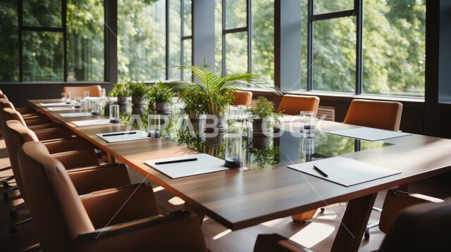 التصميم العصري الحديث للمكاتب في الشركات السعودية، غرفة اجتماعات واسعة مع طاولة محاطة بكراسي، النوافذ والواجهات الزجاجية المطلة على الاشجار والنباتات الخضراء، غرف مكتبية بتصاميم وديكورات داخلية فخمة