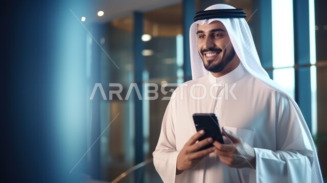 النمو التكنولوجي والتطور الالكتروني في مجال الذكاء الاصطناعي، التكنولوجيا الرقمية الحديثة، رؤية مستقبلية سعودية 2030، أيقونات الكمبيوتر وشبكات الإنترنت، صورة مقربة لرجل عربي خليجي سعودي يرتدي الثوب والغترة يمسك بيده الهاتف المحمول وينظر لرموز رقمية هولوجرامية