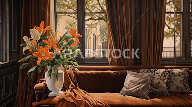 الاهتمام بزراعة نباتات الزينة المنزلية، الطراز الكلاسيكي في التصاميم الداخلية لغرف الجلوس، اكسسوارات وتحف عصرية، غرفة معيشة مع أثاث منزلي فاخر بالألوان الراقية، الديكورات الداخلية الفاخرة للفلل والشقق السكنية في المملكة العربية السعودية