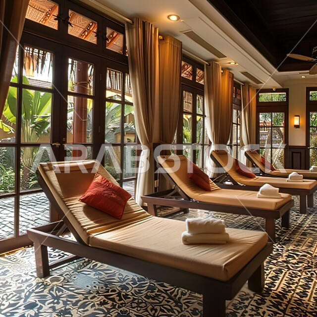 كراسي مريحة للقيام بجلسات المساج، أماكن للاسترخاء والتأمل والابتعاد عن ضغوط العمل، الديكورات الداخلية والأثاث المريح للفنادق والمنتجعات في المملكة العربية السعودية، نوافذ وواجهات مطلة على الطبيعة