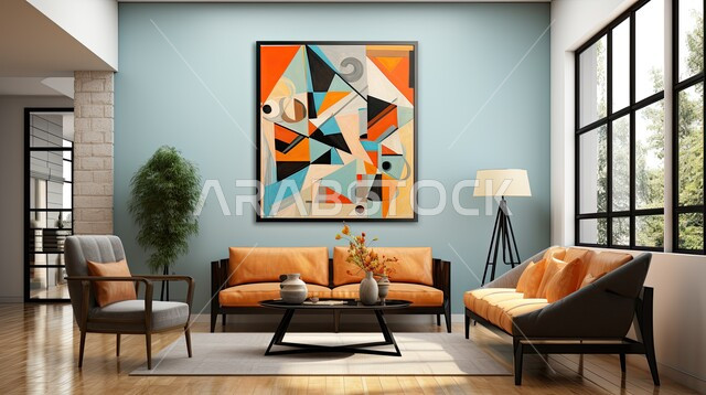 الديكورات الداخلية الراقية للفلل والشقق السكنية في المملكة العربية السعودية، اكسسوارات وتحف عصرية، التصاميم الداخلية لغرف الجلوس المريحة على الطراز الحديث، غرفة معيشة مع أثاث ملون منزلي فاخر