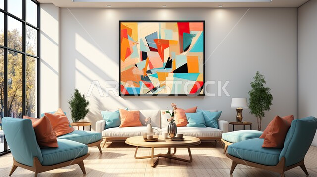 نوافذ وواجهات زجاجية، لوحات فنية بأسلوب التصميم التجريدي معلقة على الجدران، الديكورات الداخلية الراقية للفلل والشقق السكنية في المملكة العربية السعودية، التصاميم الداخلية لغرف الجلوس على الطراز الحديث، اكسسوارات وتحف عصرية، غرفة معيشة مع أثاث منزلي فاخر