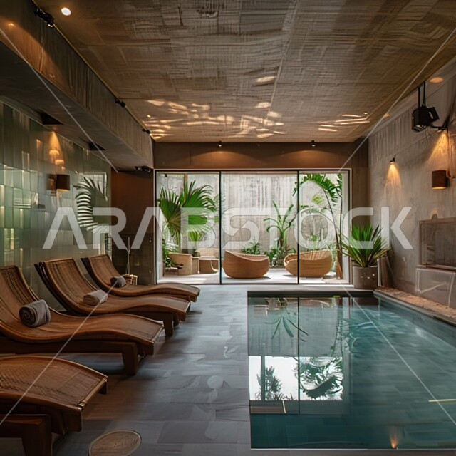 مسبح داخل منتج فاخر، كراسي مريحة للاستلقاء بجانب حمام السباحة، أماكن للاسترخاء والتأمل والابتعاد عن ضغوط العمل، الديكورات الداخلية والأثاث المريح للفنادق في المملكة العربية السعودية، الاهتمام بزراعة النباتات الخضراء