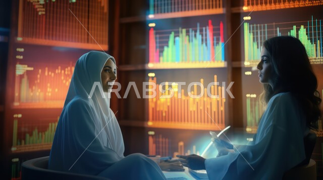 Trading in the stock market, following the economic growth chart, monitoring the economy and financial information, financial investment, a Saudi Gulf Arab woman working in the office, the rise and fall of the financial stock market, the use of modern and technological techniques in the field of finance and business.